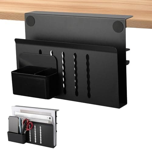 Henitol Desk Side Storage with Pen Holder, No Drill Hanging Desk Organizer Under Desk Storage Mount, Clamp-On Laptop Holder Table Side Tray Desktop Organization for Office and Home (Black)