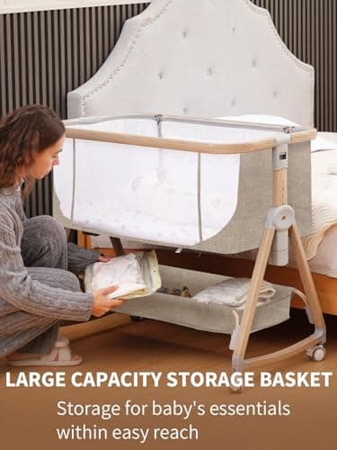 Jestonten Baby Bassinet, Bassinet Bedside Sleeper with Waterproof Bassinet Sheets and Soft Mattress, Safe Adjustable Height Bedside Bassinets with Wheels, Girl/Boy Bassinets, Khaki - Thumbnail 6