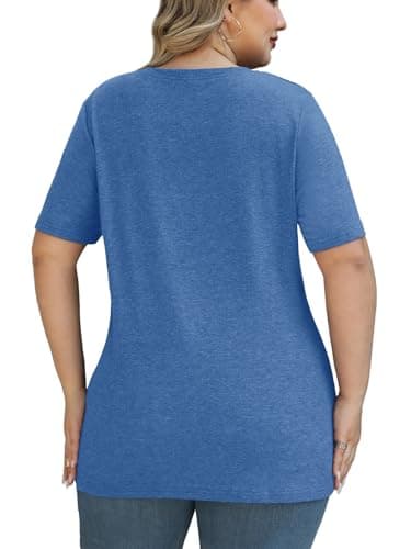 Plus Size Summer Spring Tops Clothes Womens Fashion Clothing Oversized V Neck Short Sleeve T Shirts Blouses for Women Beach Travel Cruise Essentials Vacation Easter Outfits 2026 Blue 3XL - Thumbnail 4