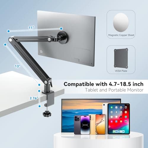 Jakeko Magnetic Portable Monitor Holder Arm - Heavy Duty Solid Aluminum 75mm VESA Mount Desk Clamp 8.3" 12.9" 15.6" 16" 17.3" 18.5 inch 360° Swivel Base with Cable Clips - Thumbnail 2