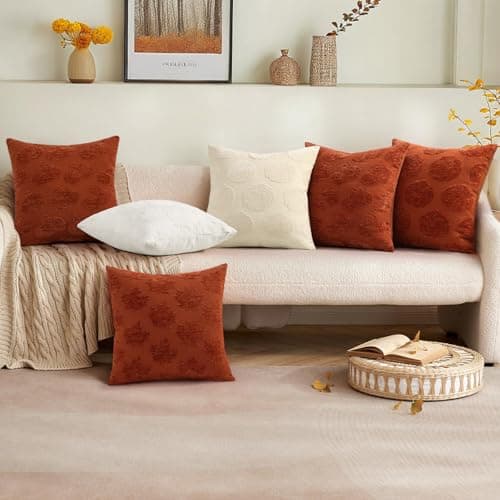 decorUhome Decorative Beige Pumpkin Thanksgiving Throw Pillow Covers 18x18 Set of 2, Soft Chenille Jacquard Farmhouse Textured Pillow Covers for Couch Bed Sofa Autumn Harvest Halloween Holiday - Thumbnail 6