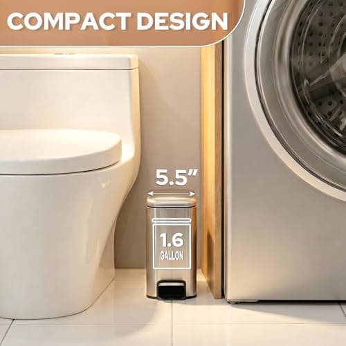 Halituny Small Bathroom Trash Can w/Lid Soft Close, 6 Liter/1.6 Gallon Stainless Steel Garbage Can w/Inner Bucket, Trash Bin Waste Basket for Kitchen, Bedroom, Living Room, Office, Toilet, Silver - Thumbnail 3