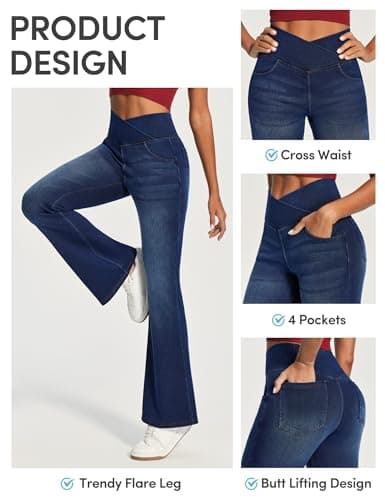 IUGA Stretchy Jeans for Women Bell Bottom Jeans V Cross High Waisted Jeggings Pull On Wide Leg Sweatpant Jean Flare Leggings(Whiskers Dark Wash, XX-Large) - Thumbnail 3