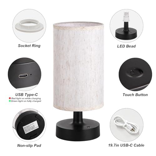 Kakanuo Cordless Table Lamp Rechargeable Small - 1 Pack Beige Black, 4000mAh Battery Operated Lamp with Touch Control Stepless Dimming, Wireless Lamp for Bedside, Nightstand, Bedroom, Living Room - Thumbnail 6