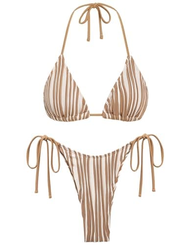 seamoly String Bikini High Cut Bathing Suit for Women Ribbed Textured Color Block Halter Striped Tie Side 2 piece Swimsuit Coffee M - Image 1