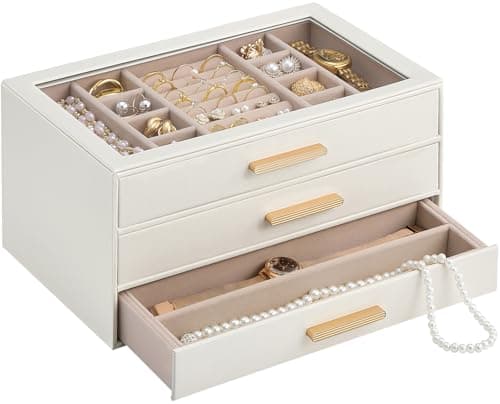 Lolalet Jewelry Box Organizer, 3-Layer Jewelry Organizers and Storage Case with Glass Lid, Ring Earring Bracelet Necklace Holder Organizer, Mothers Day Gifts for Mom, Women Girls -3Layer, Beige - Image 1