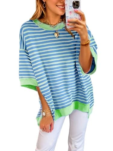 XINWEIZZ Oversized T Shirts for Women Casual Short Sleeve Striped Knit Shirt Crewneck Sweatshirts High Low Loose Blouse Tops - Image 1