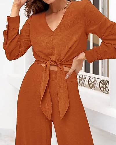 PRETTYGARDEN Women's 2 Piece Outfits 2026 Spring Fashion V Neck Long Sleeve Strappy Crop Top Wide Leg Pant Lounge Sets(Brown Orange,Small) - Thumbnail 4