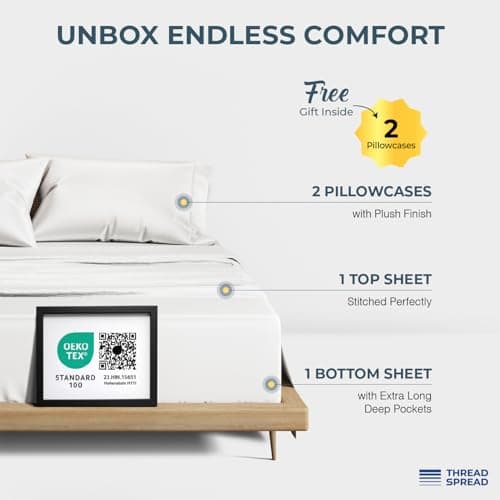 THREAD SPREAD 100% Egyptian Cotton Sheets Queen Size - Luxury 1500 Series Queen Sheet Set Egyptian Cotton (4 PC, White), Silky Soft, Sateen Weave, Cooling & Breathable, 17" Deep Pocket Bed Set - Thumbnail 3