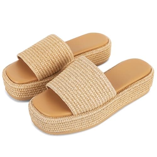 EQAUDES Platform Wedge Espadrille Sandals for Women Summer Beach Outdoor Straw Raffia Sandal Comfortable Brown Vacation Sandals for Women - Image 1