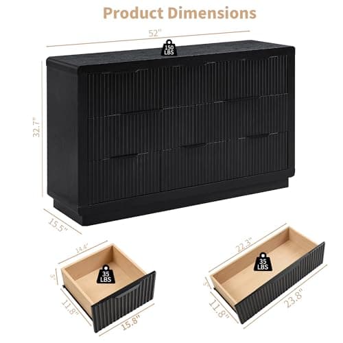 YANSNWO Black Dresser with Thickened Curved Profile Design, 52" Modern Chest of Drawers with 8 Drawers, Wooden Dresser TV Stand, Organizer for Bedroom, Living Room, Hallway - Thumbnail 2