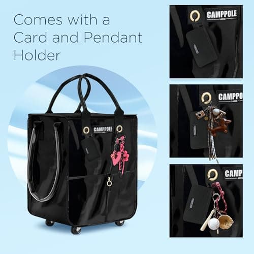 Shopping Cart on Wheels with Card Holder, Folding Reusable Grocery Bag, Lightweight Rolling Tote, Waterproof Black Bag for Travel, Moving, and Camping, Holds up to 66 lbs - Thumbnail 5