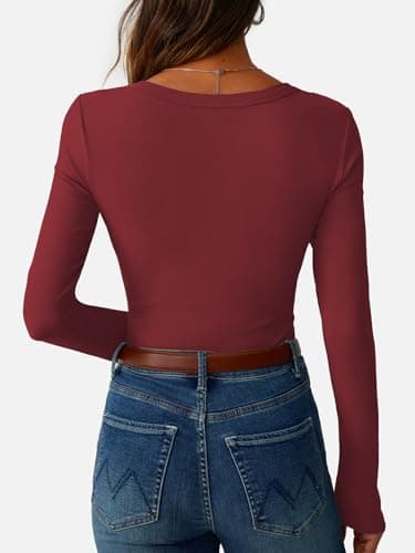 GKBK Ribbed Long Sleeve Tops for Women Fitted Basic Tight T-Shirts Crewneck Cute Layering Tops Lightweight Fall Sweaters 2026 Fashion Outfits Winter Clothes Burgundy - Thumbnail 4