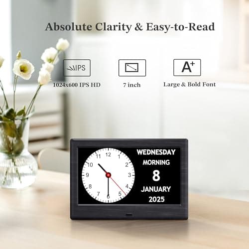 7'' Digital Clocks, 12 Reminders & 6 Alarms, Dementia Clock with Date and Time for Elderly, Auto-Dimming, Button & Remote Control, Auto DST, Digital Calendar for Seniors Large Display, Black Woodgrain - Thumbnail 2