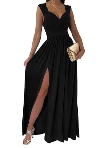 Dokotoo Womens Ladies Elegant Floor Length A Line Wrap Deep V Neck Backless Ruched Pleated Ruffled Split Long Maxi Formal Evening Party Prom Dress Bridesmaid Wedding Guest Dresses Black S - Image 1