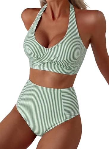 Herseas Women's Two Piece Sexy Bikini Sets Halter Strap Patch Pocket 2026 Summer Swimsuit Striped High Rise Slimming Tummy Control Bathing Suits Ladies Beach Cruise Essentials Green Stripe Large - Image 1