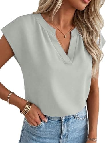 Funlingo Women's Dressy Casual Tops Cap Short Sleeve V Neck Work Blouses Fashion 2026 Cute Work Tops Business Office Attire Grey XL - Image 1