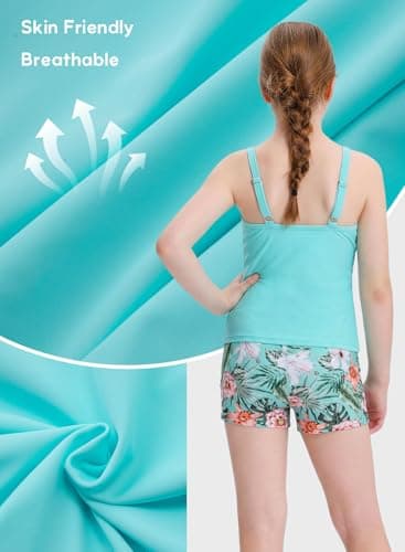 Alakuoti Tween Girls Tankini Swimsuit 2 Piece Bathing Suit Criss Cross Ruched Girl Swimwear with Chest Pad Size 8 Lake Green Floral - Thumbnail 6