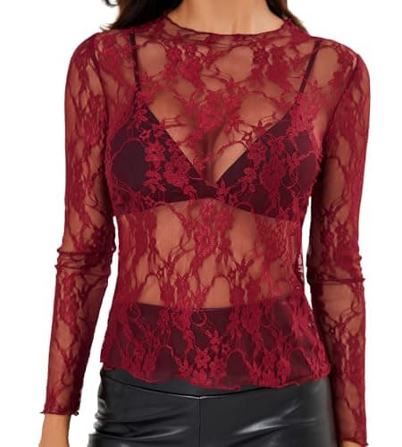 Enyprok Women's Mesh Top Long Sleeve Mock Neck Sheer Blouse See Through Floral Lace Tops Wine Red Medium - Image 1