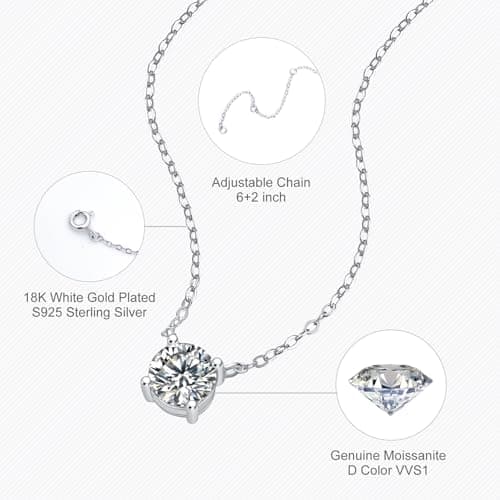 Ve Celestelle Moissanite Necklace for Women 1-2CT D Color VVS1 Clarity Lab-Created 18K Gold Plated 925 Sterling Silver Hypoallergenic Necklace for Women Men Wedding Valentine’s Gift (18K White Gold Plated S925, 1CT) - Thumbnail 5