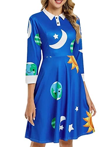 ZEZCLO Women's Long Sleeve Peter Pan Collar A-line Dress Halloween Costume Vintage Solar System Fit and Flare Dresses Blue XL - Thumbnail 2