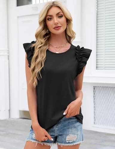 Summer Shirts for Women 2026 Trendy Casual Ruffle Short Sleeve Tops T Shirts Round Neck Cute Flutter Tee Tops Loose Fit Dressy Blouses Black XL - Thumbnail 5