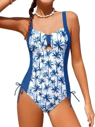 NikNio Girls One Piece Swimsuit Quick Dry Swimwear Beach Bathing Suit for Girl Blue Palm Tree 13-14 Years - Image 1