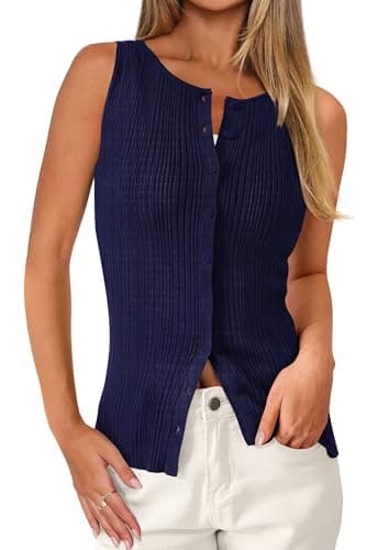 PRETTYGARDEN Sleeveless Button Down Shirts for Women Summer 2026 Going Out Ribbed Knit Tank Tops Y2K Clothes Trendy Vest Tops(Navy,Small) - Image 1
