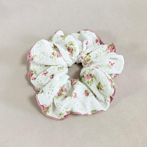 Jseng 3PCS Large Floral Scrunchies for Hair, Cute Hair Ties, Pink, Blue and Green - Thumbnail 5