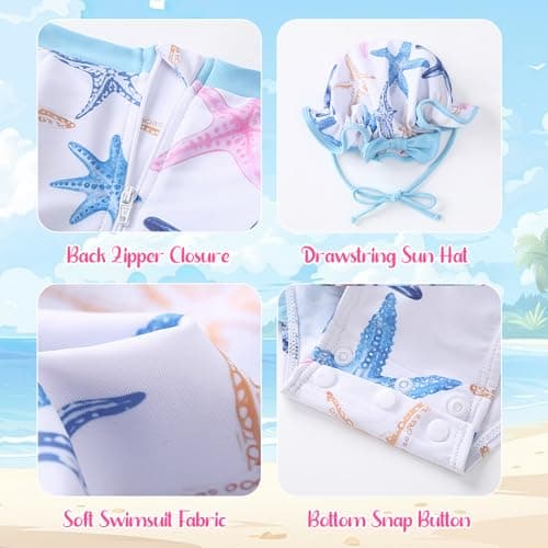 AMAWMW Infant Baby Girl Swimsuit Long Sleeve One-Piece Swimwear with Hat Rash Guard Floral Zipper Bathing Suit Beach Wear - Thumbnail 6