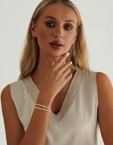 14K Gold Plated Bracelets for Women Dainty Tennis Initial Bracelet Trendy Beaded Stackable Charm Bracelets Layered Waterproof Bracelet Dainty Bracelet for Women Jewelry Gifts （R - Thumbnail 5