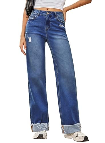 Sidefeel Women's Jeans High Waisted Stretchy Wide Leg Distressed Straight Leg Folded Hem Loose Denim Pants Bluing Size 6 - Image 1
