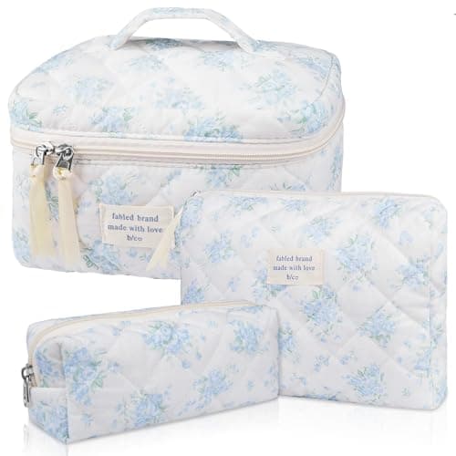 Gosect Makeup Bag Set, Quilted Makeup Bag, Large Floral Cosmetic Bag for Women, Cute Cotton Makeup Bags, Flower Travel Toiletry Organizer Bag (Blue Rose) - Image 1