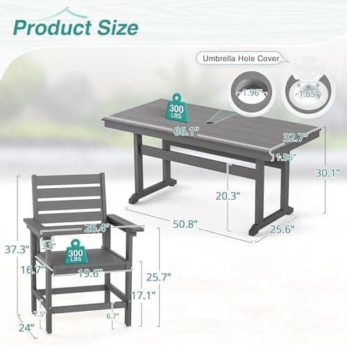 Homenjoy 7 Piece Patio Dining Set, 66" Rectangle HDPS Weather Resistant Outdoor Table & 6 Patio Chairs Set with 1.96" Umbrella Hole, Heavy Duty Chairs for Backyard Balcony Deck, Grey - Thumbnail 2