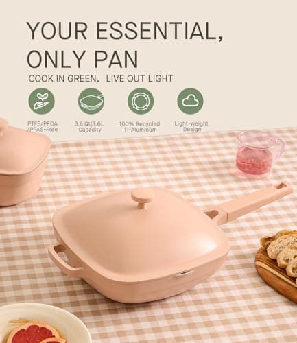 USELUCK 10.5 Inch(3.8QT) Ceramic Pan with Lid,Non Stick Frying Pans Cast Aluminum Deep Sauté Pans,Ti-Ceramic Non Toxic Pix Pan with Wooden Spatula and Scrubber-Desert Clay - Thumbnail 4