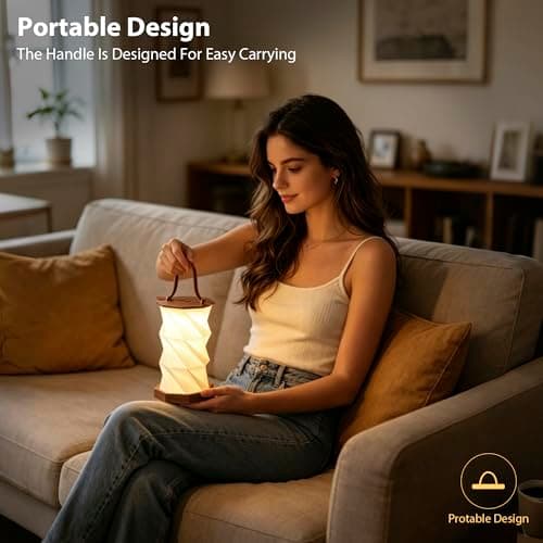 Ba sus Wooden Rotating Table Lamp, Warm Light Design with Leather Handle, Long Press Dimming Function, Built-in Battery & USB Rechargeable, Adjustable Heights for Bedroom, Living Room, Camping - Thumbnail 6