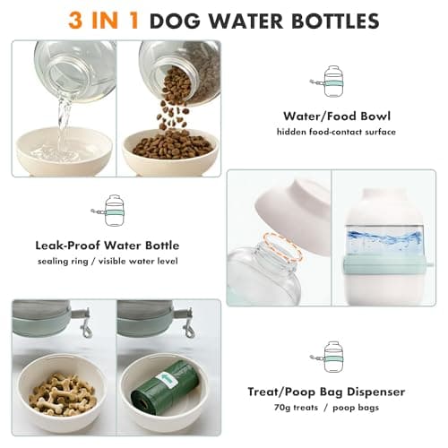 3 in 1 Dog Water Bottle with Crossbody Strap & Retractable Leash, Portable Dog Travel Water Bottle with Treat & Poop Bag Dispenser for Small Dogs Walking Hiking(Off-White) - Thumbnail 3