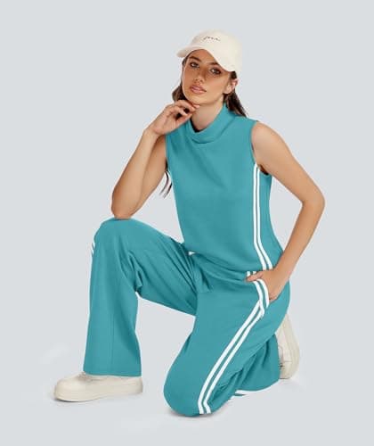 Casly Lamiit Lounge Sets for Women 2 Piece Casual Travel Outfits Matching Active Airport Sweatsuit Mock Neck Tops Wide Leg Track Pants Viridian Green XS - Thumbnail 6