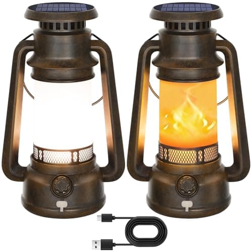 2 Modes Solar Lanterns Outdoor Waterproof, Rechargeable LED Flame Solar Lanterns Decorative Outdoor, Vintage Lantern Hanging Solar Lights for Yard, Porch, Camping, Patio, Garden, Cabin, Gifts (2 Pack) - Image 1