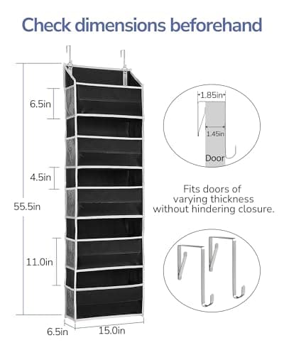 ULG 1 Pack Over The Door Organizer – 5 Shelf Door Organizer Hanging & 10 Side Pockets, Reinforced 44LB Capacity Hanging Organizer, Behind The Door Storage for Bedroom, Nursery, Pantry (Black) - Thumbnail 4