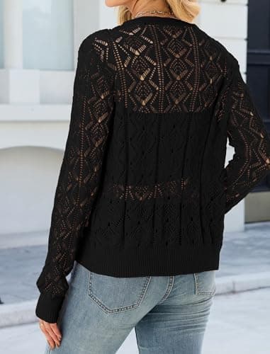 ZAFUL Womens Crochet Cardigan Cotton Long Sleeve Sweaters Trendy Lightweight Button Down Knit Shrugs Tops Black XL - Thumbnail 5