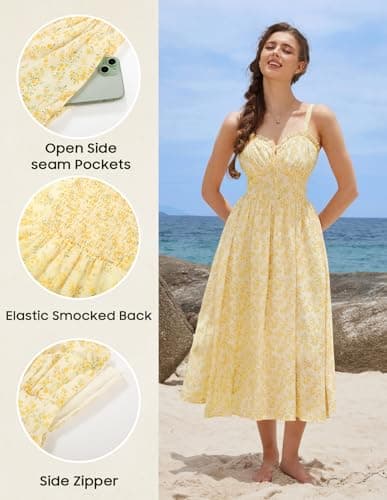 Scarlet Darkness Women's 2026 Summer Floral Print Flowy A Line Dresses Milkmaid Maxi Dress with Pockets Beige Yellow Floral XXL - Thumbnail 4