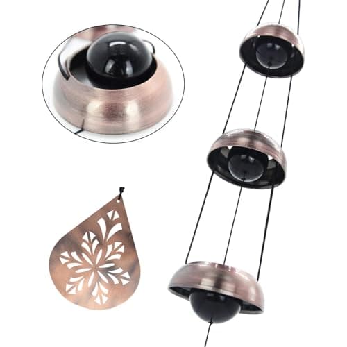 36" Copper Temple Wind Chimes with 5 Bells, Melodious Zen Feng Shui Wind Bells for Outside, Memorial Wind Chime Sympathy Gift with Unique Teardrop Floral Sail, Decorative Garden Decor for Yard Patio - Thumbnail 3