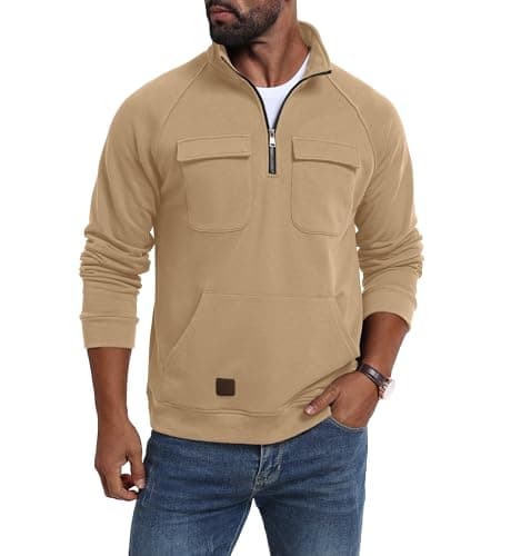 Lepunuo Men's Sweatshirts Half Zip Pullover Fleece Quarter Zipper Hoodies Vintage Mens Sweatshirts Clothes 2025 Khaki - Image 1