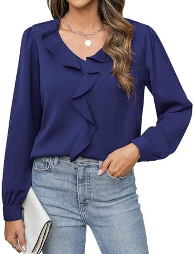 Neweek Womens Long Sleeve Tops Dark Blue V Neck Basic Ruffle Dressy Casual Business Work Blouses T Shirts - Image 1