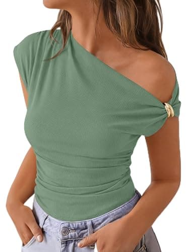 PRETTYGARDEN Womens Summer Off The Shoulder Crop Tops Ribbed Going Out Fitting T Shirts Trendy Spring Y2k Clothes 2026(Fruit Green,Medium) - Image 1