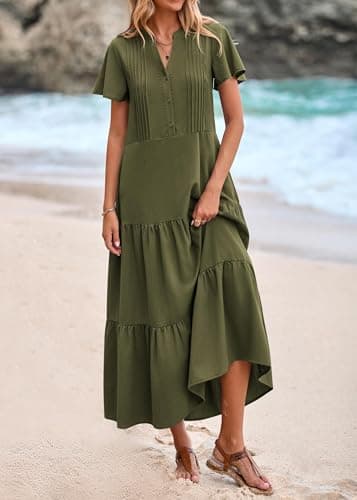 KIRUNDO Summer Maxi Dresses for Women 2026 Spring Fashion Short Sleeve Button V Neck Pleated Loose Tiered Swing Flowy Dress(Army Green, X-Large) - Thumbnail 3