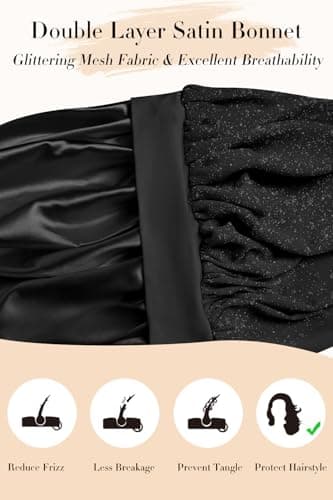 Vettres Satin Hair Bonnet for Sleeping Double Layer Bonnet with Tie Band Glittering Mesh Sleep Cap for Curly Natural Hair Black - Thumbnail 4
