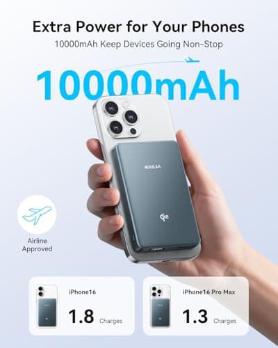Kuulaa 0.5" Magsafe Portable Charger, 10000mAh Magnetic Power Bank & Slim Battery Pack - Qi2 Certified 15W Wireless Charging with 20W USB-C PD for iPhone 17/16/15/14/13/12 Pro/Air Series - Thumbnail 2