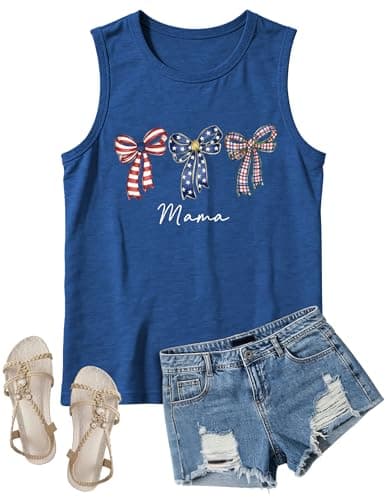 4th of July Bow Mama Tank Tops Women-Cute Bow Mama Sleeveless Shirt Red White Blue Tank Tops Patriotic Tops - Image 1